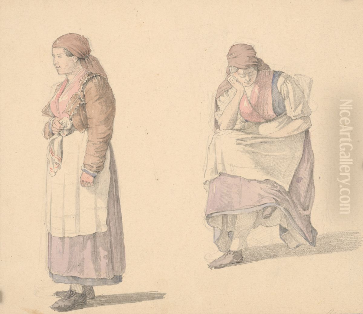 Studia stojacej a sediacej zeny Oil Painting by Karoly Lajos Libay