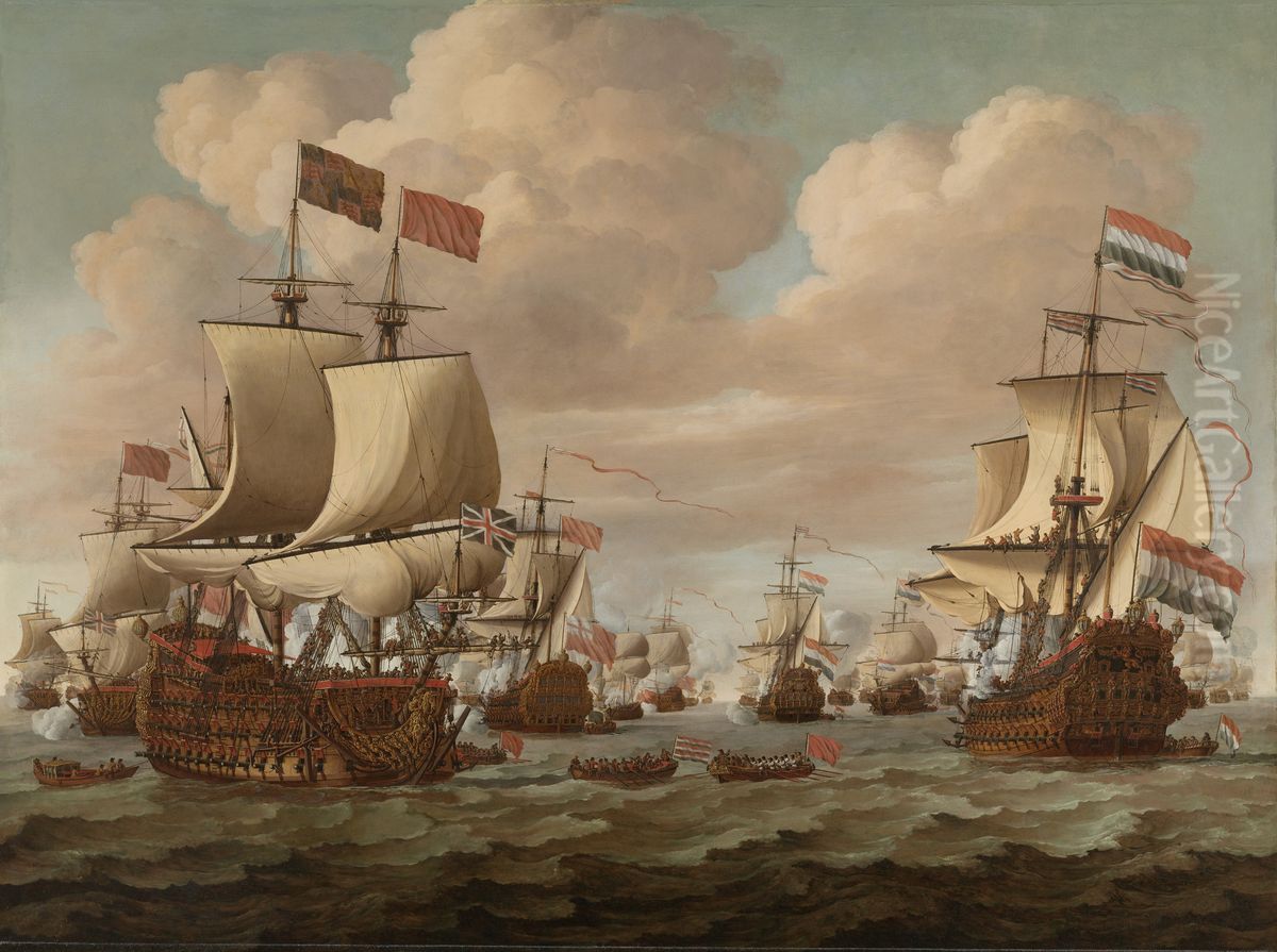 Engelse en Hollandse schepen wisselen saluutschoten uit Oil Painting by Willem van de, the Elder Velde