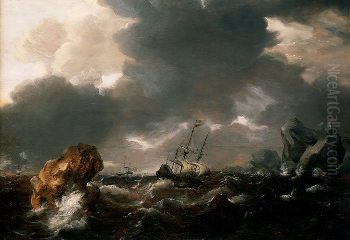 A Dutch Merchant Ship Running Between Rocks in Rough Weather Oil Painting by Willem van de Velde the Younger