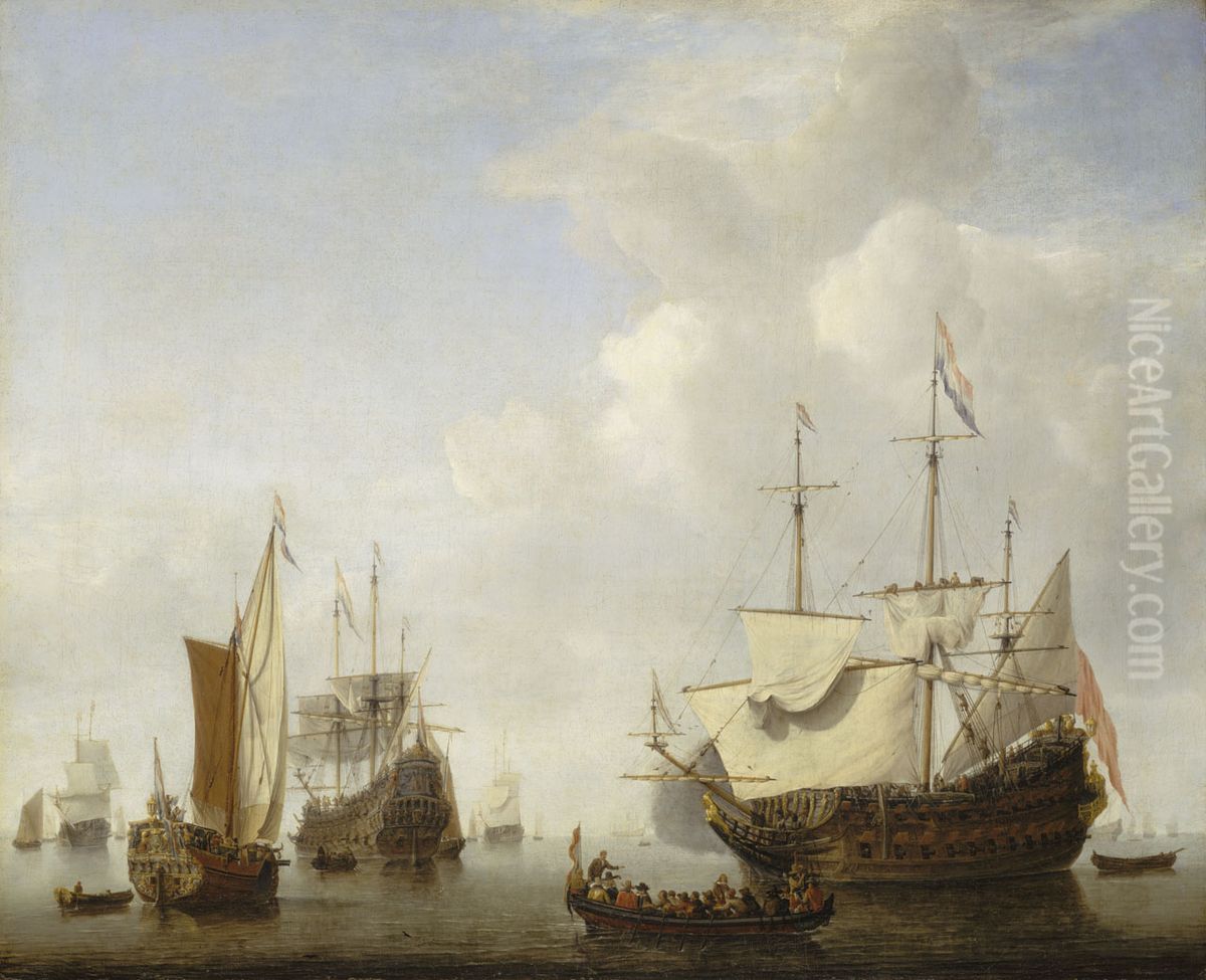 A Dutch Flagship Coming to Anchor with a States Yacht Before a Light Air Oil Painting by Willem van de Velde the Younger