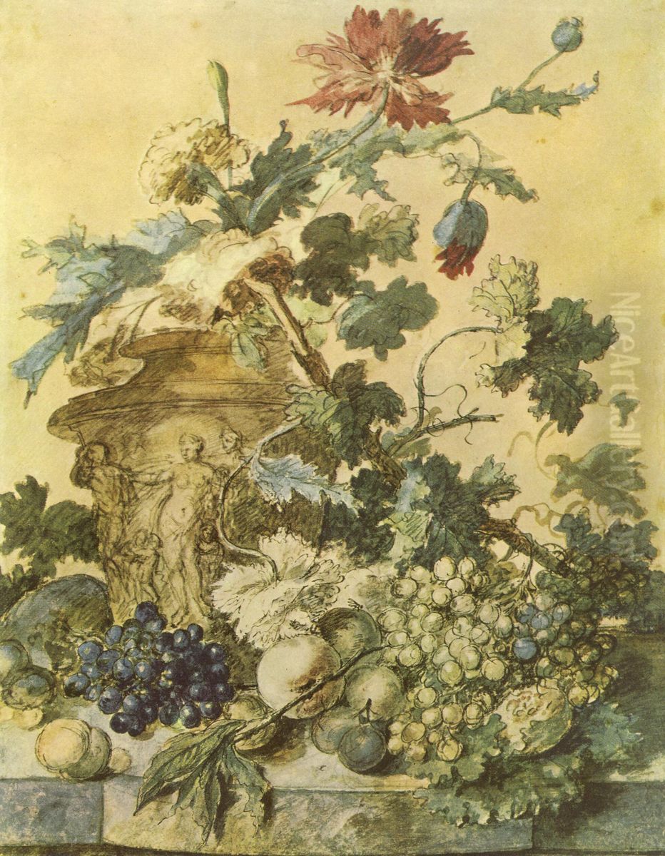 Flowers in an urn decorated with figures surrounded by fruit on a plinth Oil Painting by Jan Van Huysum