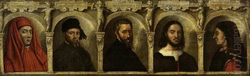 Giotto, Donatello, Michelangelo, Raphael and Brunelleschi Oil Painting by Francesco Salviati