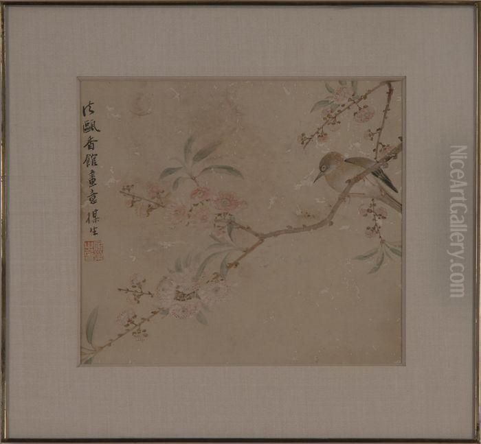 Song Bird On Cherry Blossom Branch Oil Painting by Ju Chao