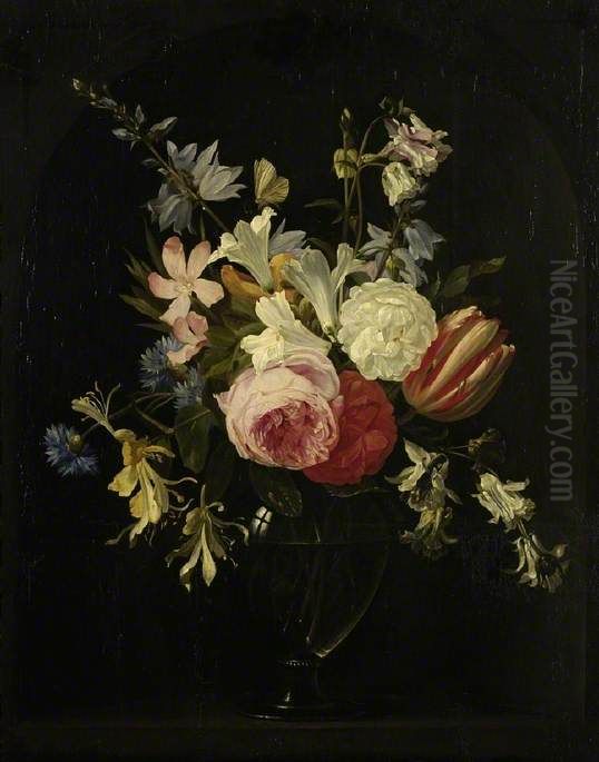 Roses, tulips and other flowers in a glass vase in a niche Oil Painting by Jan Philip van Thielen