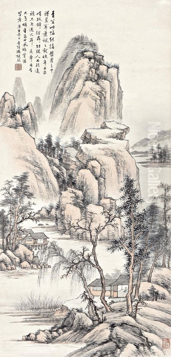 Dwelling By A Stream Oil Painting by Feng Chaoran