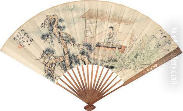 Playing Music In The Moonlight Oil Painting by Feng Chaoran