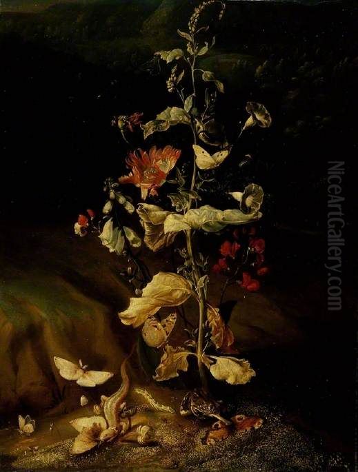 Bossstilleven met vlinders Oil Painting by Otto Marseus van Schrieck