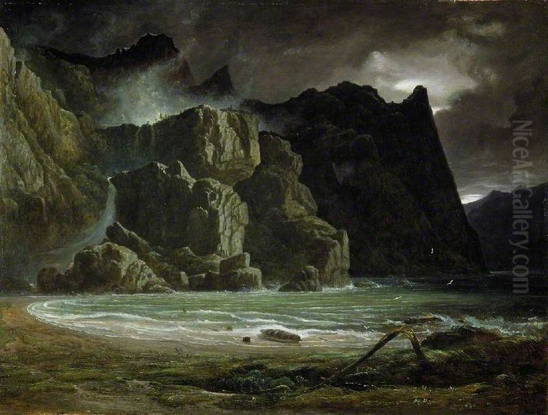 View of a Norwegian Lake before the Sun Has Dissipated the Early Morning Mist Oil Painting by Francis Danby