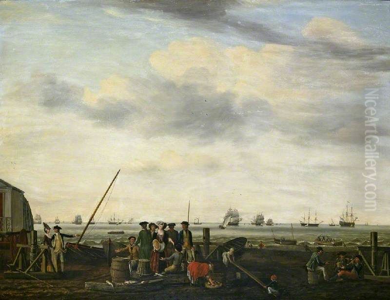 Shore Scene with Shipping Oil Painting by Francis Holman