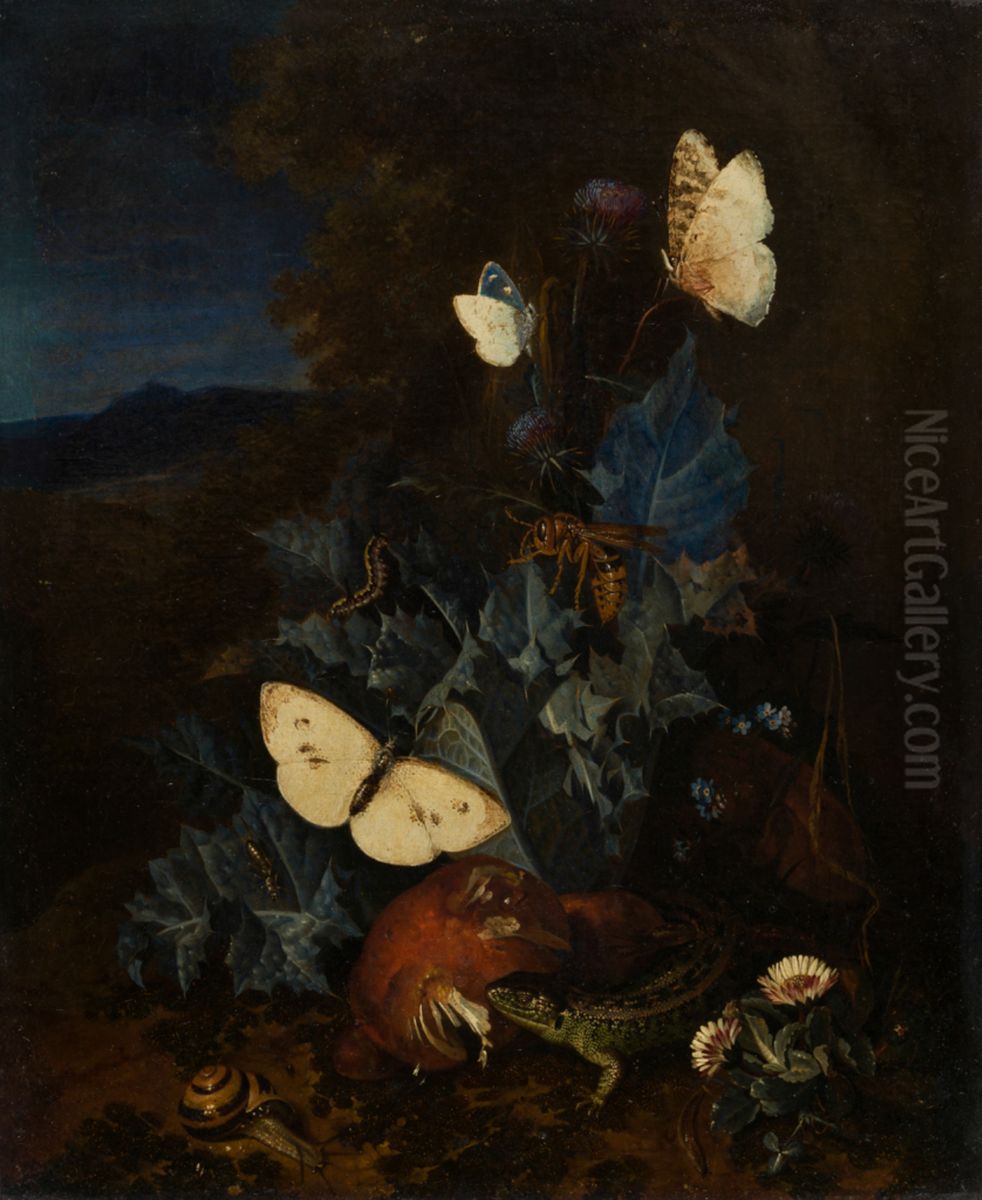 Still life with a thistle, boletus, snail, lizard, butterflies and a bee in a mountainous landscape Oil Painting by Karl Wilhelm de Hamilton