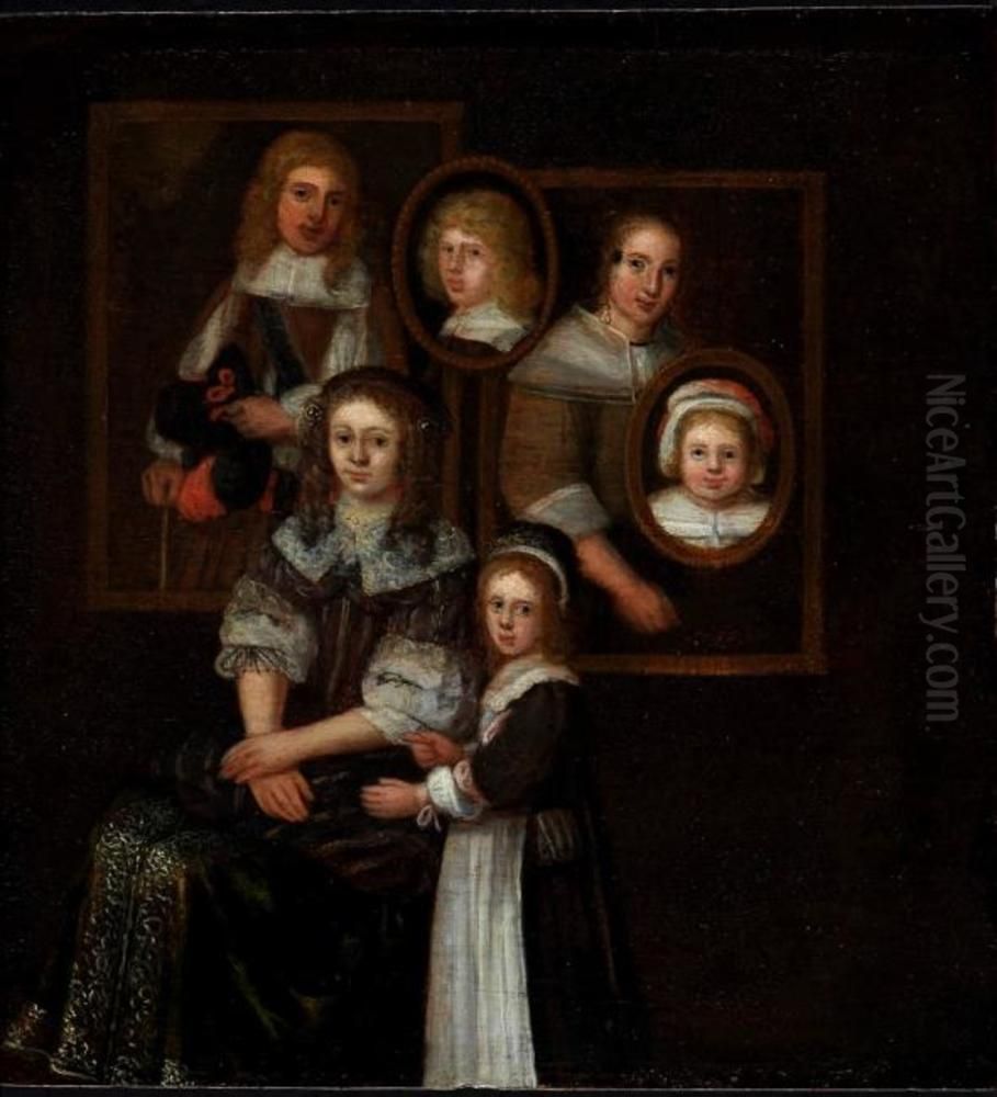 Double portrait of a young woman and a little girl, four portraits in the background Oil Painting by Abraham Willaerts