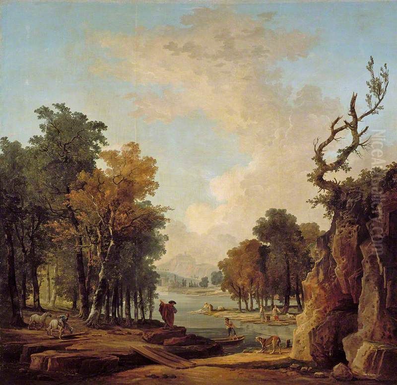 Wooded River Landscape with a Traveller, a Barking Dog, a Horseman, and Women Washing at an Islet Oil Painting by Hubert Robert