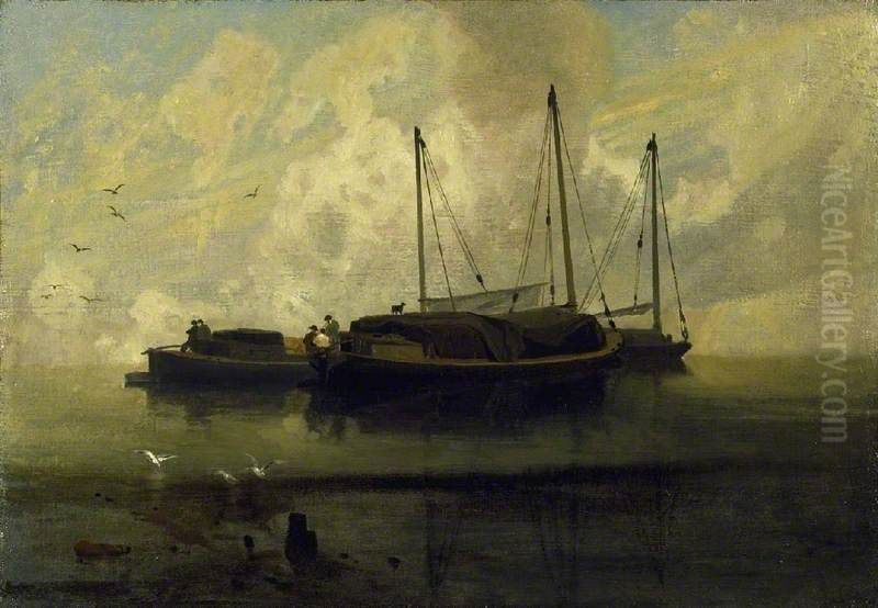 Boats at Anchor on Breydon Water Oil Painting by John Sell Cotman