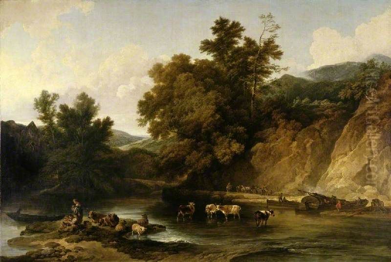 The River Wye at Tintern Abbey Oil Painting by Philip James de Loutherbourg