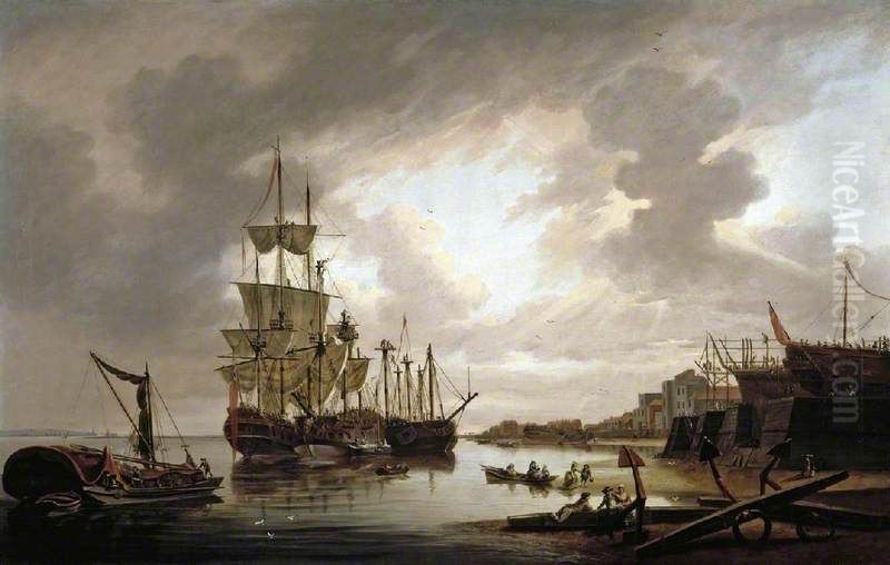 British Men-of-War at Anchor in Blackwall Reach Oil Painting by Dominic Serres
