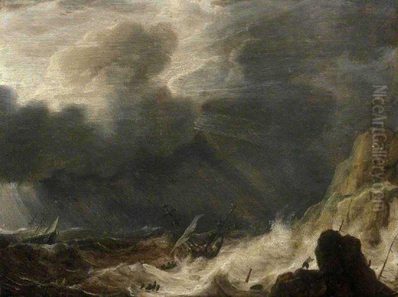 Storm with a Wreck Oil Painting by Simon De Vlieger