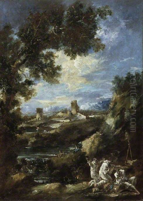Landscape with Camaldolite Monks Praying at a Roadside Shrine Oil Painting by Alessandro Magnasco