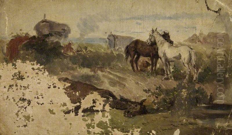 Horses in a Field with Gypsies and a Caravan Oil Painting by Eyre Crowe