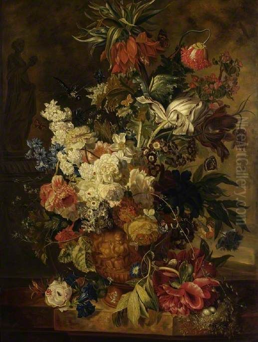 Bloemstilleven op een stenen plint, in een gebeeldhouwde vaas, op de achtergrond links een beeld van Flora Oil Painting by Paul Theodor van Brussel