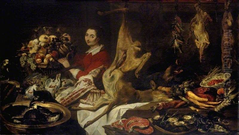 A maid in the storage room holding a basket with fruit Oil Painting by Frans Snyders