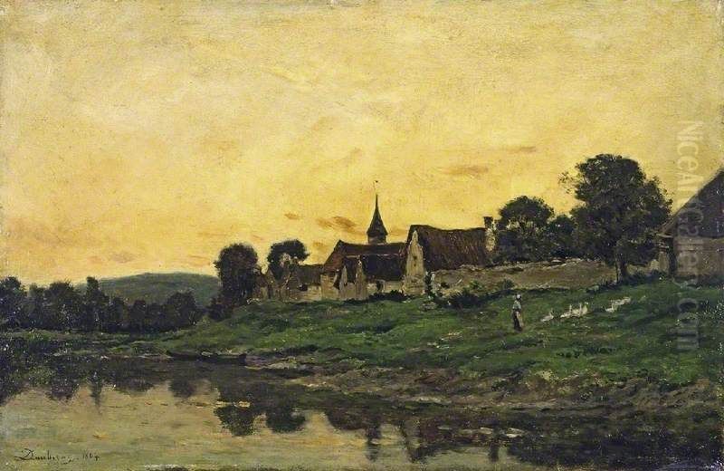 Village on a River, Sunset Oil Painting by Charles-Francois Daubigny