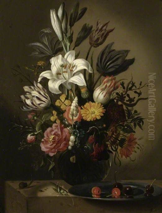 Vase of flowers and a pewter plate with cherries, with a grasshopper and a snail, on a stone ledge Oil Painting by Jacob Marrel
