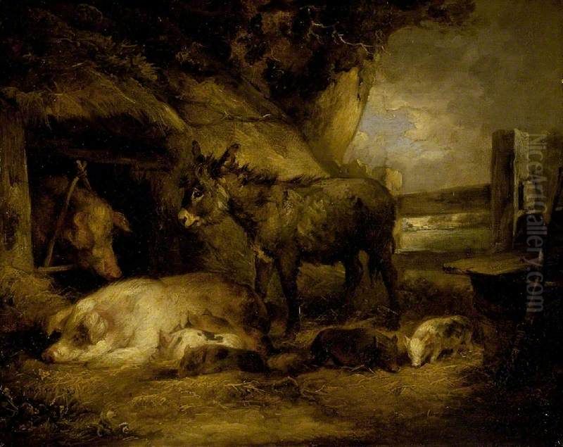 Donkey and Pigs Oil Painting by George Morland