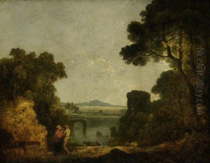 Italian River Landscape with a Broken Bridge Oil Painting by Richard Wilson