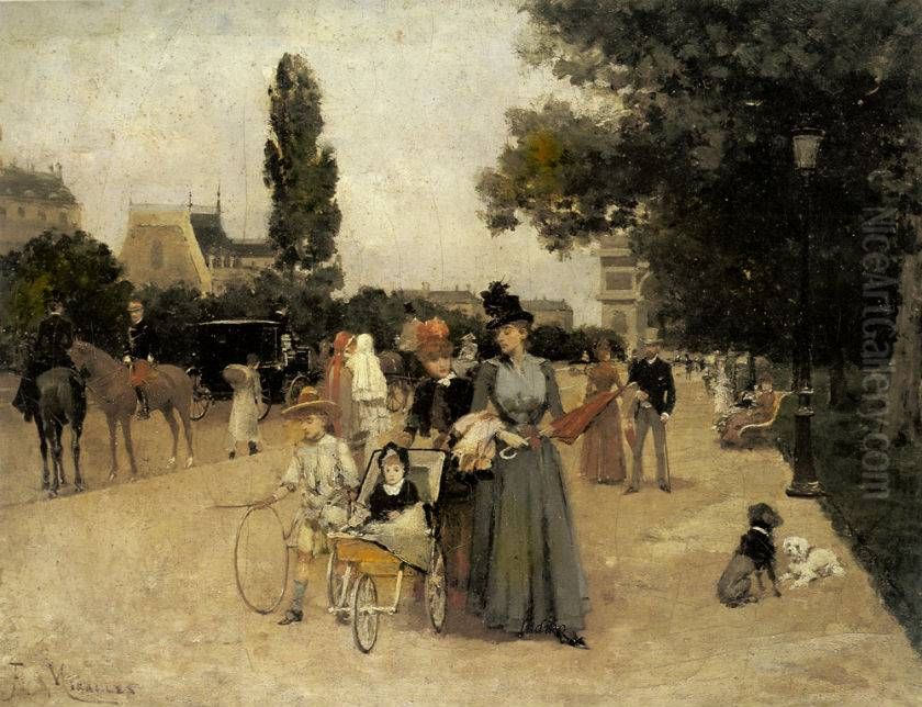 The Champs Elysee view of the Arc de Troumphe Oil Painting by Francisco Miralles Galup