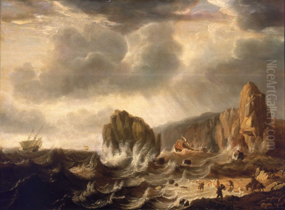 A Ship Wrecked off a Rocky Coast Oil Painting by Simon De Vlieger