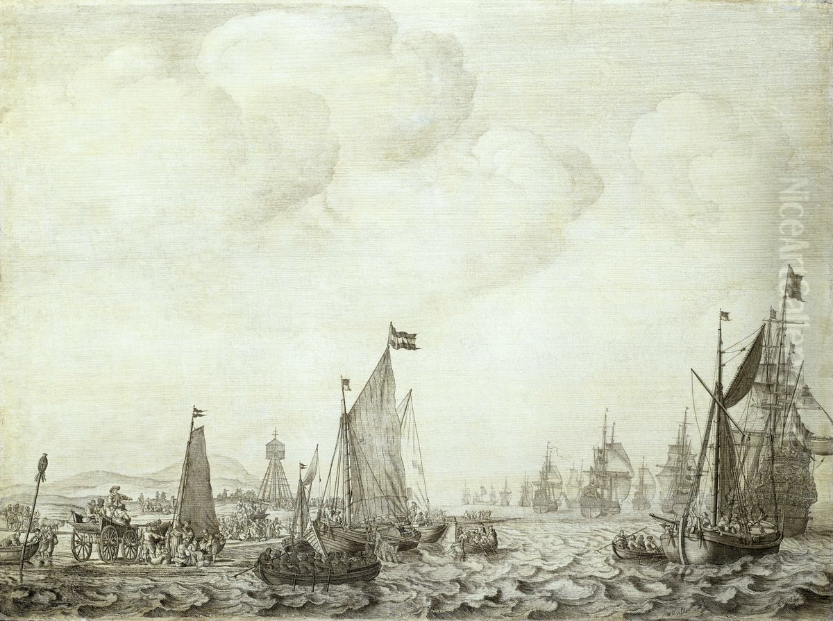 A Kaag and a Galjoot Close to the Shore with Witte de With in the 'Brederode' Leaving the Vlie, 9 June 1645 Oil Painting by Willem van de, the Elder Velde