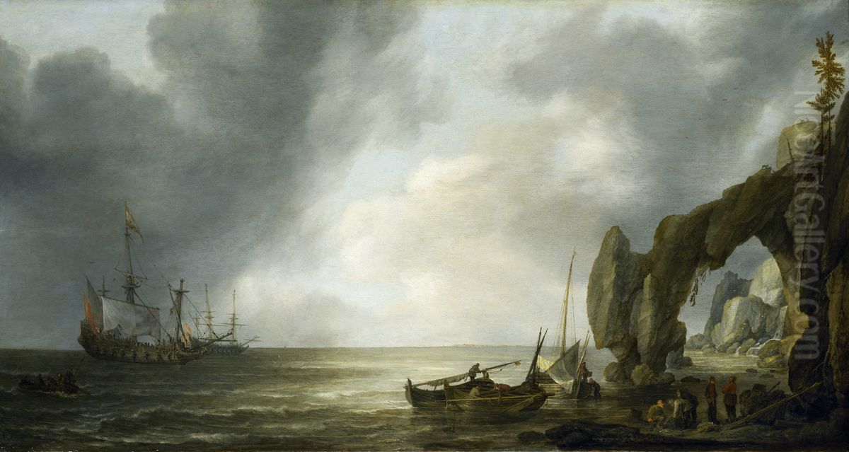 Dutch Men-of-War off a Craggy Coast Oil Painting by Simon De Vlieger