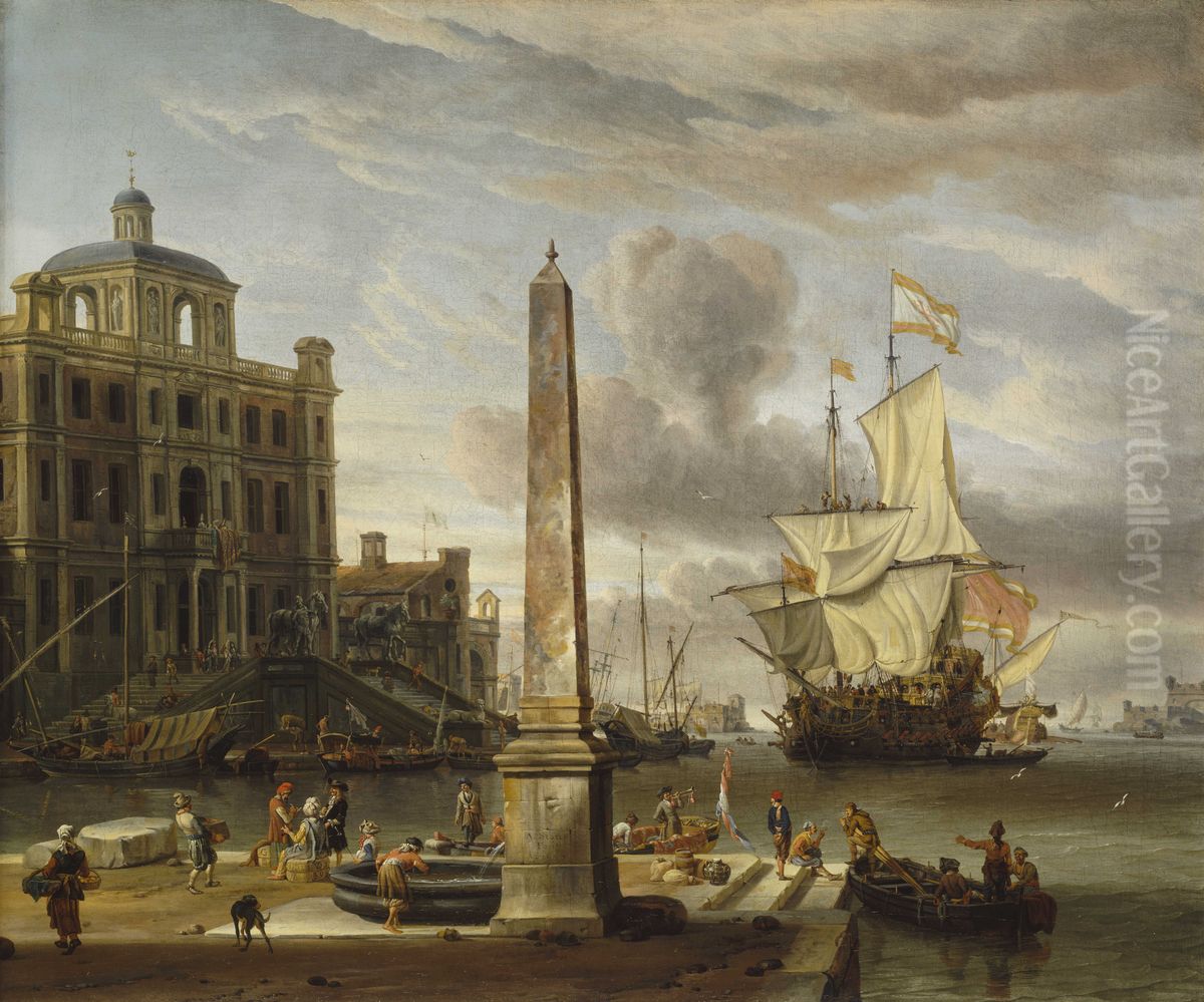 Italianate Harbour View with a Fantasy Building and Man-of-War Oil Painting by Abraham Storck