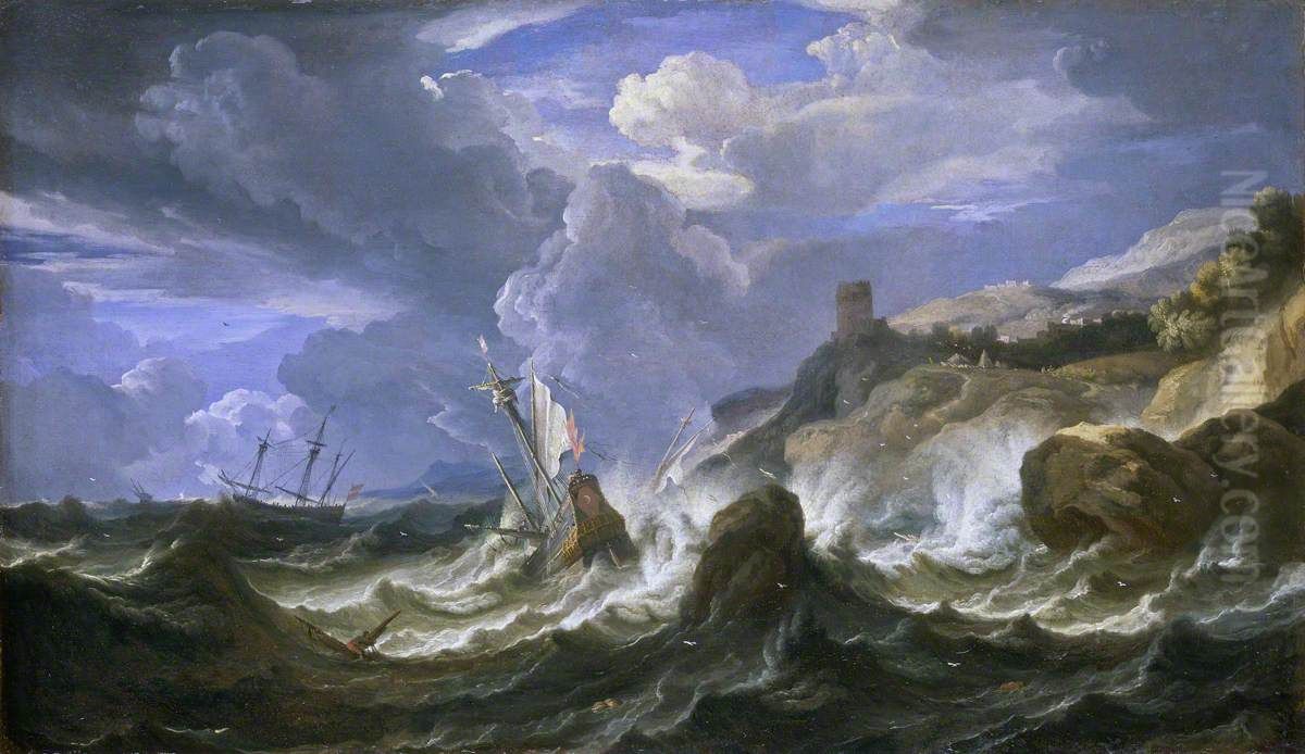A Ship Wrecked in a Storm off a Rocky Coast Oil Painting by Pieter Mulier