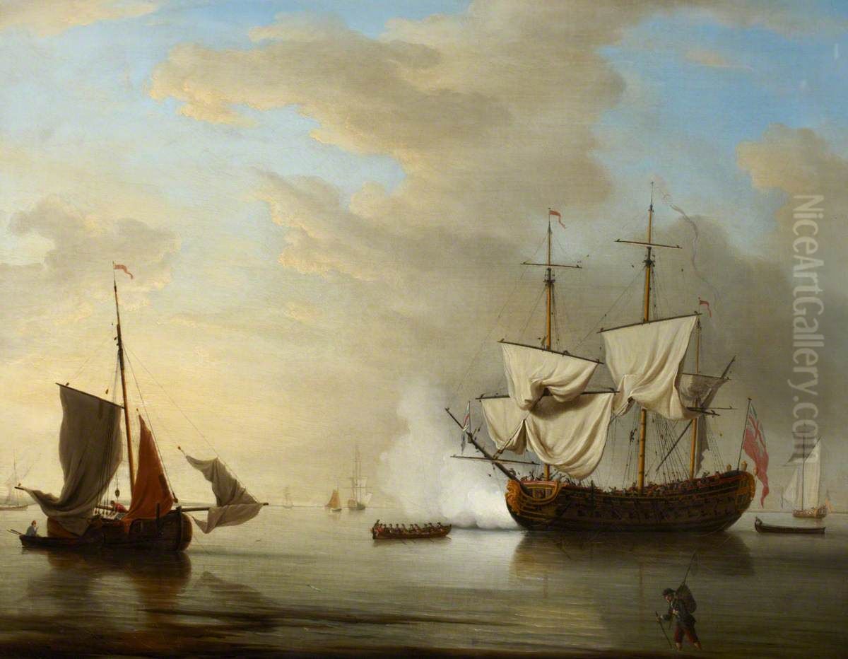 An English ship becalmed Oil Painting by Peter Monamy