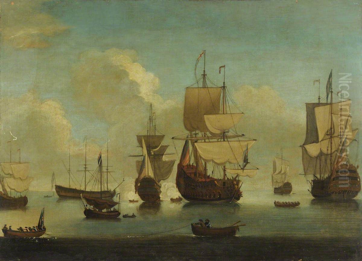 English warships at anchor in a calm, drying sails Oil Painting by Peter Monamy