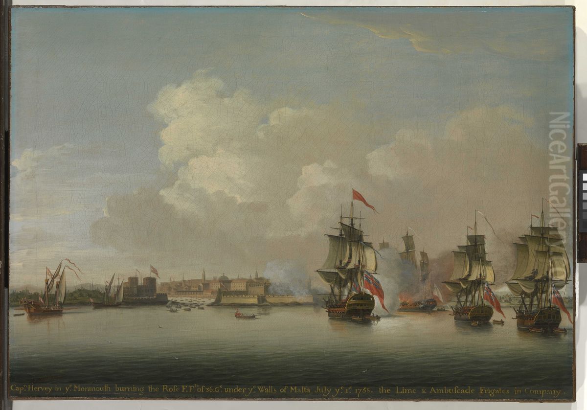 HMS Monmouth burning the French frigate Rose, 1 July 1758 Oil Painting by Dominic Serres