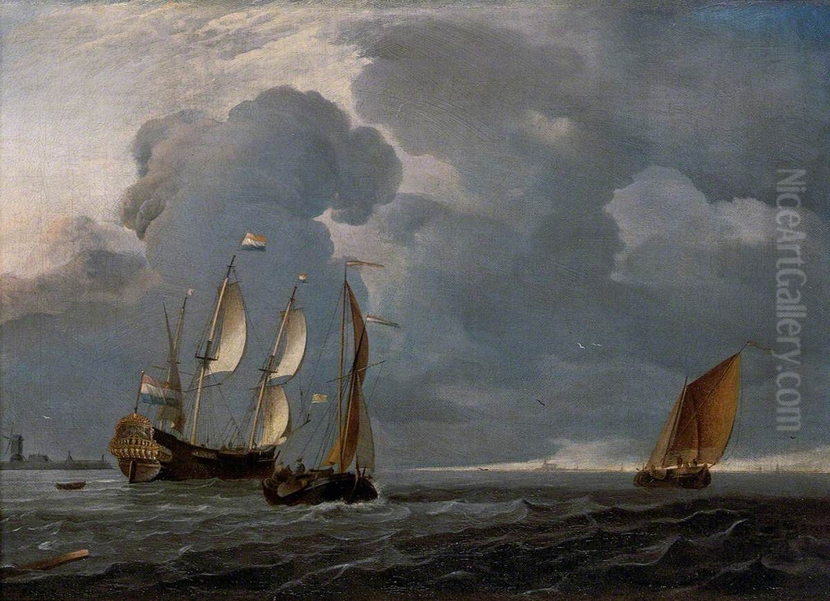 Two Dutch vessels and a flagship under sail in a harbour Oil Painting by Ludolf Bakhuizen