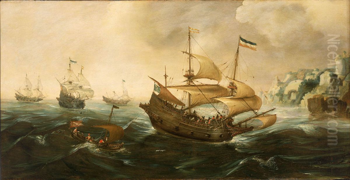 Dutch Ships sailing off a Rocky Shore Oil Painting by Andries Van Eertvelt