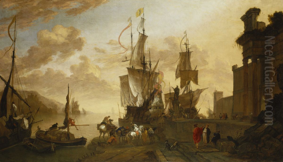 Italianate harbour scene with the monument of Ferdinand I de' Medici at Leghorn Oil Painting by Hendrik van Minderhout