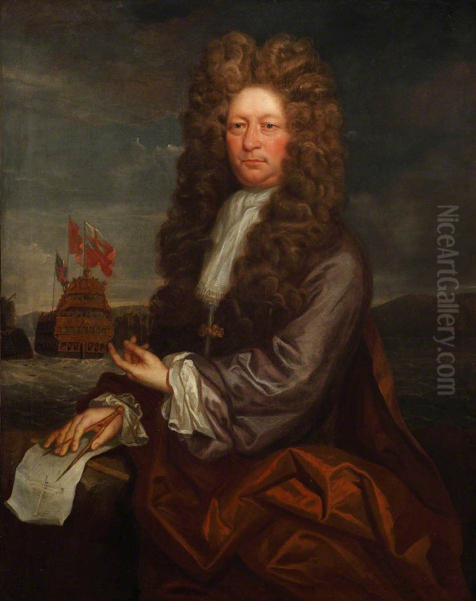 Fisher Harding, Master Shipwright, active 1664-1706, with the Launch of the 'Royal Sovereign', 1701 Oil Painting by Jonathan Richardson
