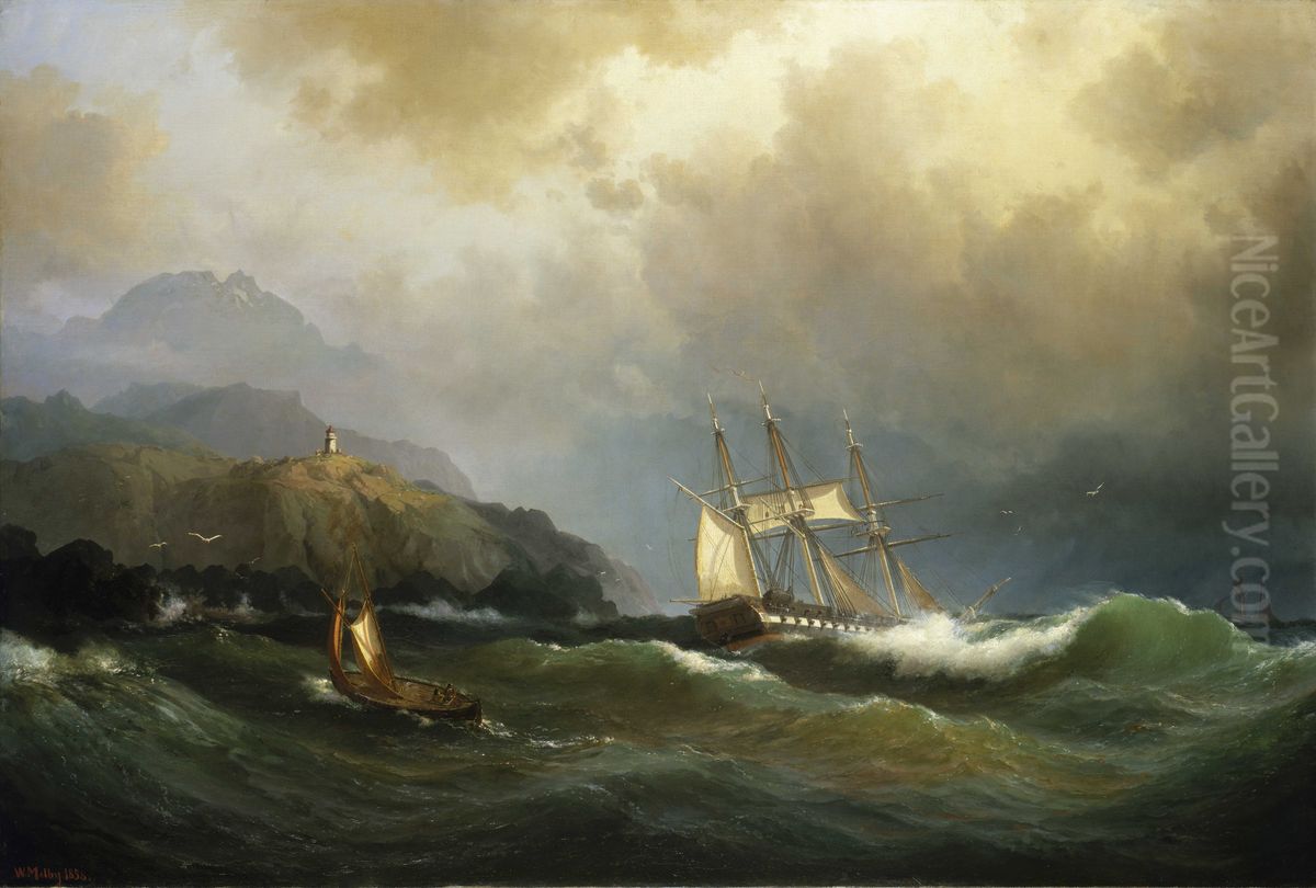 A frigate clawing off a rocky coast Oil Painting by Vilhelm Melbye