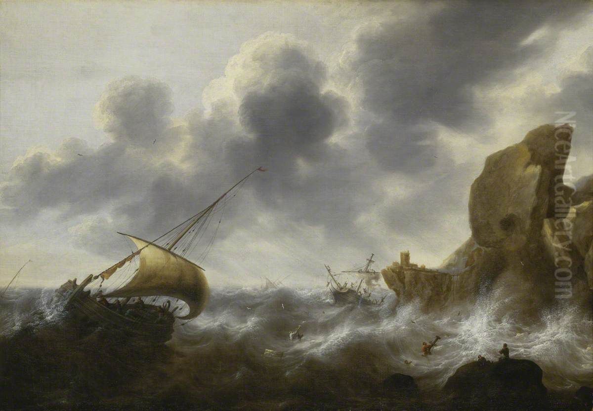A Fishing Boat off a Rocky Coast in a Storm with a Wreck Oil Painting by Jacob Adriaensz Bellevois