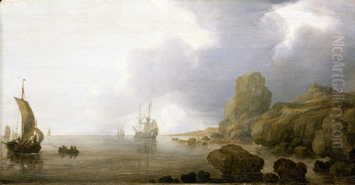 Ships Becalmed on a Rocky Coast Oil Painting by Simon De Vlieger