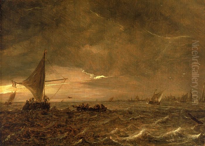 Fishing Boats in an Estuary at Dusk Oil Painting by Jan van Goyen