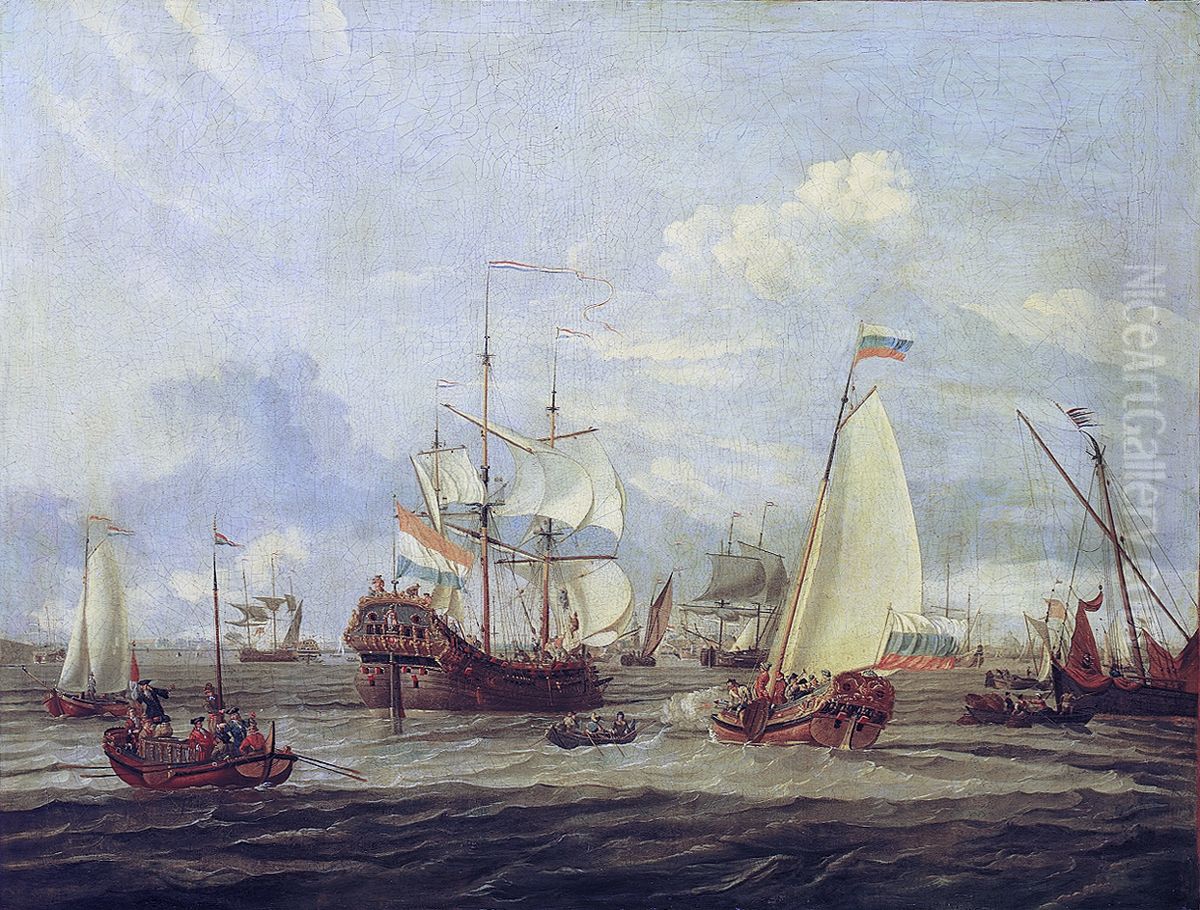 Peter the Great inspecting a ship at Amsterdam Oil Painting by Abraham Storck