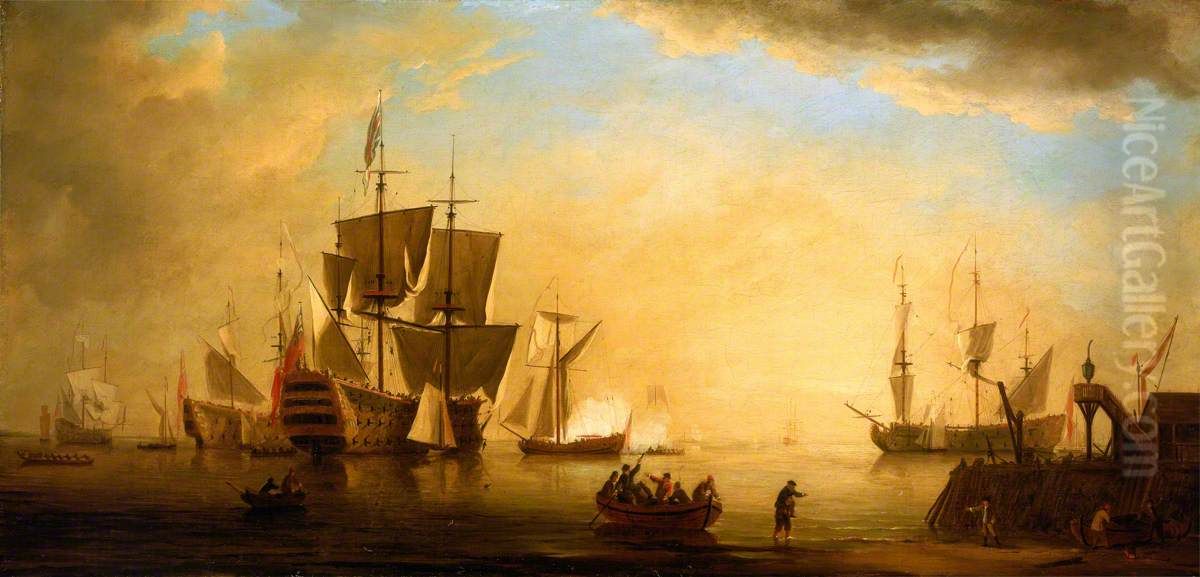 An English Flagship and Other Vessels Becalmed at Sun Down Oil Painting by Peter Monamy