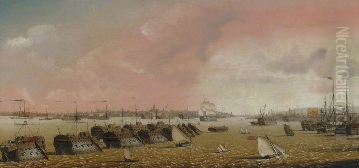 Prison hulks in Portsmouth Harbour Oil Painting by Ambroise-Louis Garneray