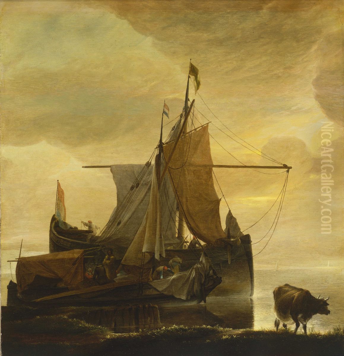 Two Vessels by the Shore at Day Break Oil Painting by Jan Van De Cappelle