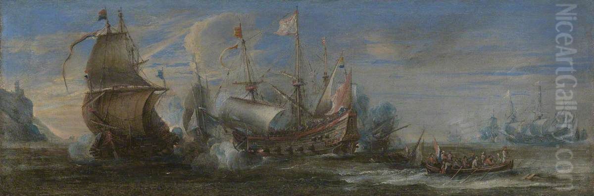 Action between Spanish and Dutch ships Oil Painting by Andries Van Eertvelt